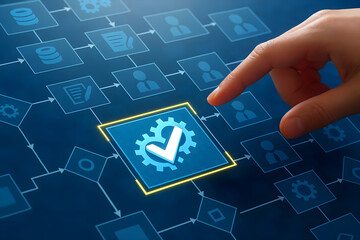 a finger touches a screen showing a workflow diagram for process automation
