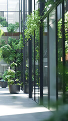 Naklejka premium Eco friendly, office and people in business, plants and nature in startup, recycling and creative. Sustainability, walking and leaves for health of employees in work, busy or environmental in Germany