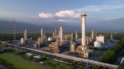 Fototapeta premium Aerial view of an industrial refinery plant, showcasing modern energy infrastructure and technological progress
