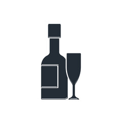Black Champagne bottle and glass of champagne icon isolated on white background. Merry Christmas and Happy New Year. Vector