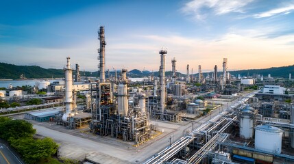 Aerial view of an industrial refinery plant, showcasing modern energy infrastructure and technological progress