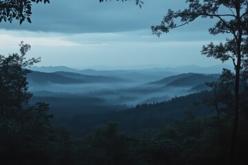 Fototapeta premium Tennessee Forest. At Dusk: Great Smoky Mountains Landscape with Misty Blue Ridge Parkway View