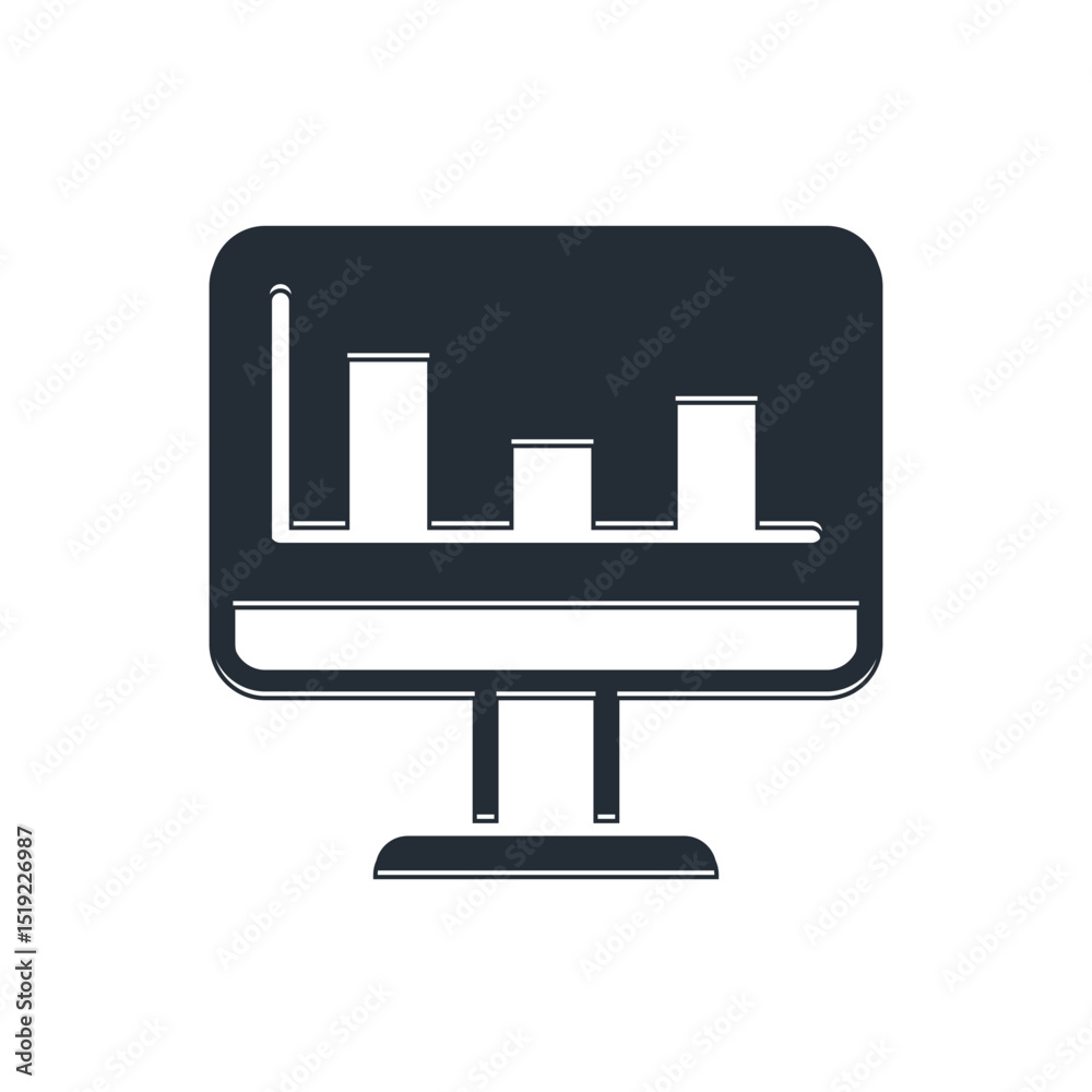 Poster black computer monitor with graph chart icon isolated on white background. report text file. account