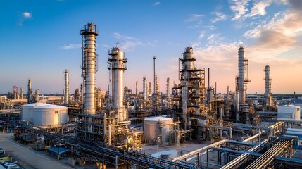 Fototapeta premium Aerial view of an industrial refinery plant, showcasing modern energy infrastructure and technological progress
