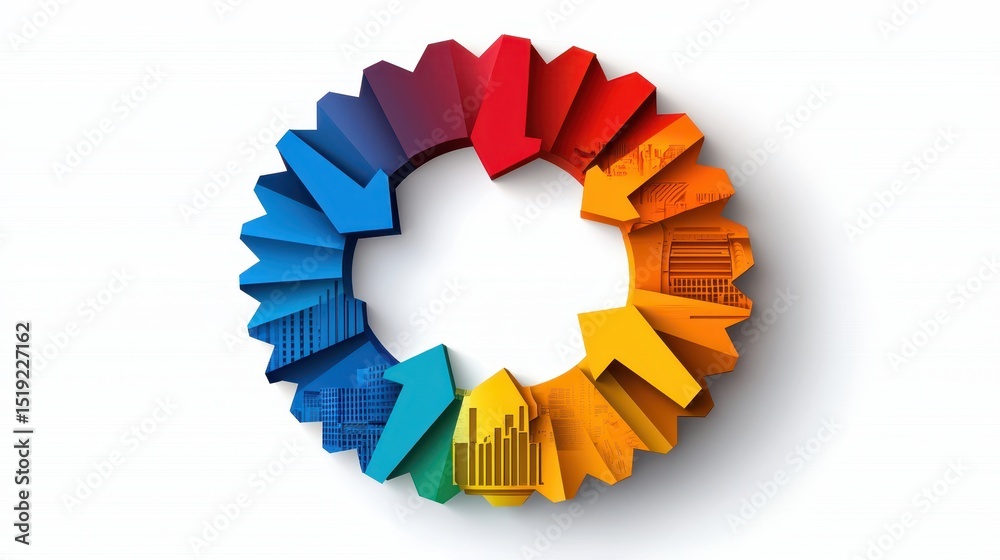 Poster a colorful circular diagram made of arrows with business and data-related icons, symbolizing growth,