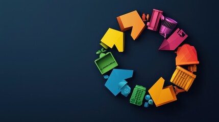 A colorful circular arrangement of arrows and buildings symbolizes the concept of recycling, sustainability, and the circular economy on a dark background.