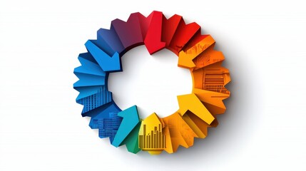 A colorful circular diagram made of arrows with business and data-related icons, symbolizing growth, progress, and analysis.