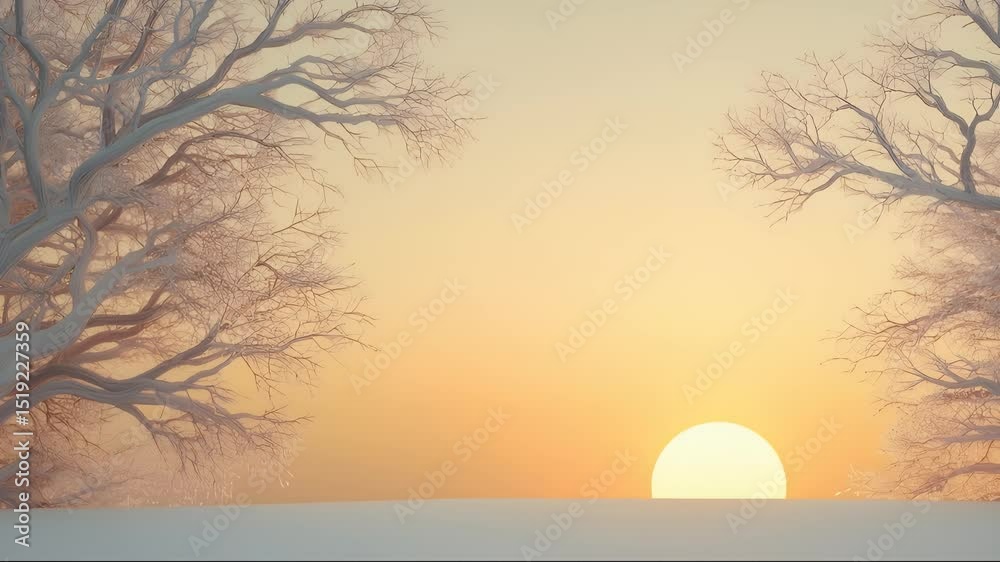 Poster 雪の結晶で覆われた木々と穏やかな夕焼けの空 冬のシーンの背景 冬の季節の壁紙 自然な雪景色 静かな冬の夕暮れ