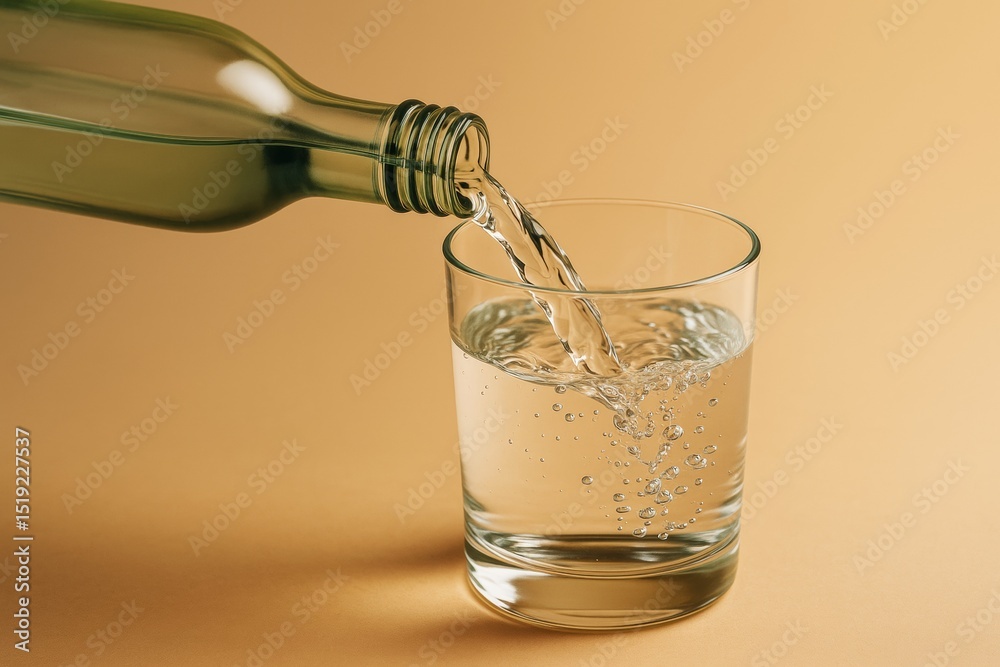Poster pouring clear drink from green bottle into glass on warm light background, minimalistic and creative