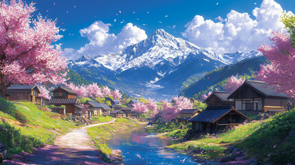 Enchanting Anime-Inspired Japanese Countryside: 4K Widescreen Wallpaper of Spring Mountain Village. Breathtaking Natural Landscape with Vibrant Colors and Serene Atmosphere. Perfect for Digital Art