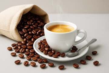 Steaming cup of coffee with roasted beans spilling from burlap sack on light background, representing fresh morning drink concept with warmth.