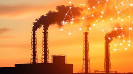 Factory chimneys emit smoke at sunset, with a digital network overlay symbolizing technology and environmental impact.