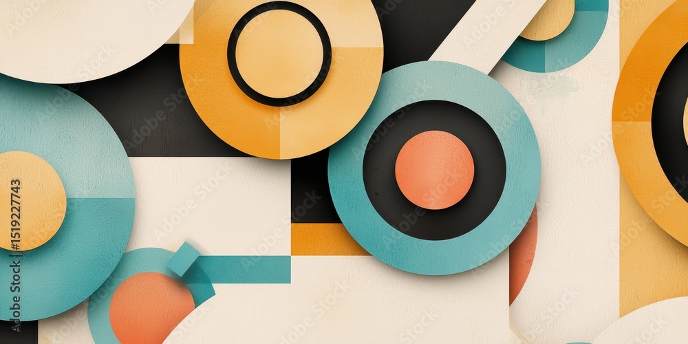 Poster abstract geometric pattern featuring colorful circles and shapes in orange, blue, and black tones, c
