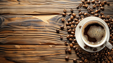 A cup of coffee is surrounded by scattered coffee beans on a textured wooden surface. The image is likely for a stock photo website.