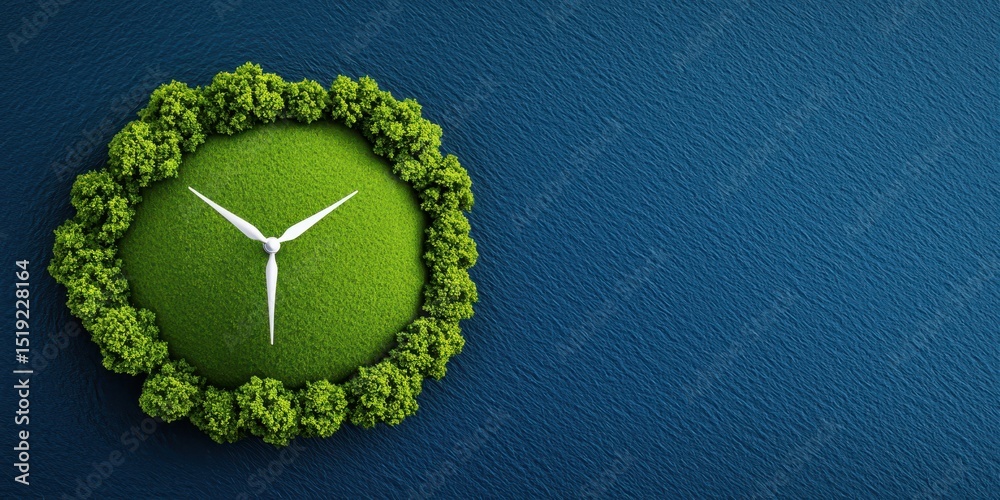 Poster a green clock made of grass and trees, symbolizing nature and time, sits on a textured blue backgrou