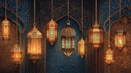 Ornate lanterns hanging against a decorative wall with archways and intricate floral patterns
