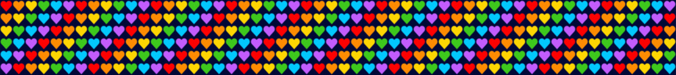 Rainbow Heart Mosaic, diagonal border, seamless vector pattern with colorful hearts in rainbow palette. Perfect for backgrounds, textiles, and festive banner designs, love and joy, dark mode theme