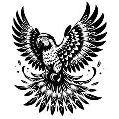 Fototapeta premium A black and white illustration of a parrot spreading its wings mid-flight, with intricate feather patterns