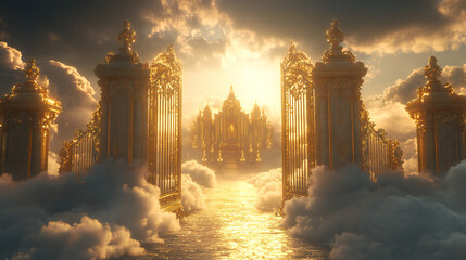 Fototapeta premium Ethereal golden gates of heaven emerging from misty clouds ornate celestial city beyond bathed in warm divine light awe-inspiring and majestic