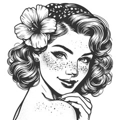 beautiful freckled woman with wavy hair and a hibiscus flower sketch engraving generative ai fictional character vector illustration. Scratch board imitation. Black and white image.