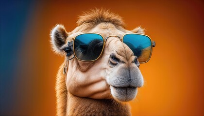 Playful Camel in Sunglasses Against a Solid Color Backdrop A Quirky Desert Scene with a Pop of Vibrant Accessory and HighContrast Palette.