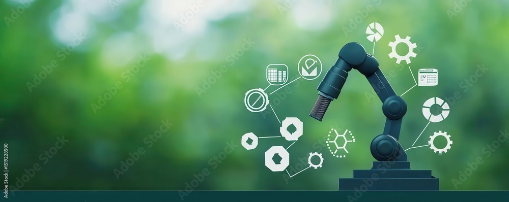 Poster robotic arm with digital automation icons on a green, nature-inspired background, symbolizing techno