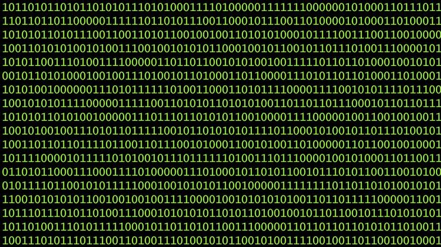 This design features a vibrant abstract background filled with binary code, showcasing rows of ones and zeros against a black backdrop. The digital aesthetic emphasizes technology.