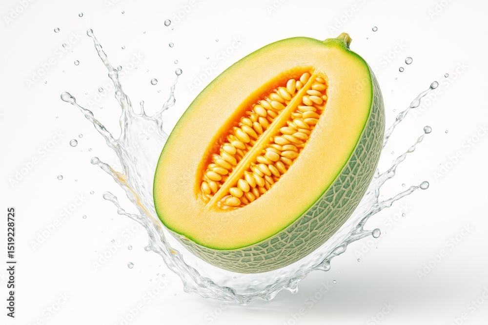 Poster fresh ripe melon half splashing in water with seeds exposed on a clean white background, emphasizing