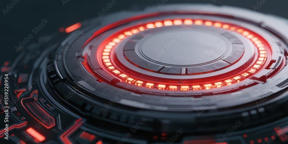 Poster Futuristic glowing red and black circular interface with high-tech digital details and sci-fi design elements.
