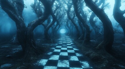 A dark forest with a path that is checkered