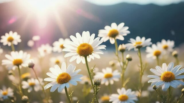 Group of white daisy flowers blooming together in natural field, captured under clear sky in daylight, tranquil spring atmosphere for floral and nature content	