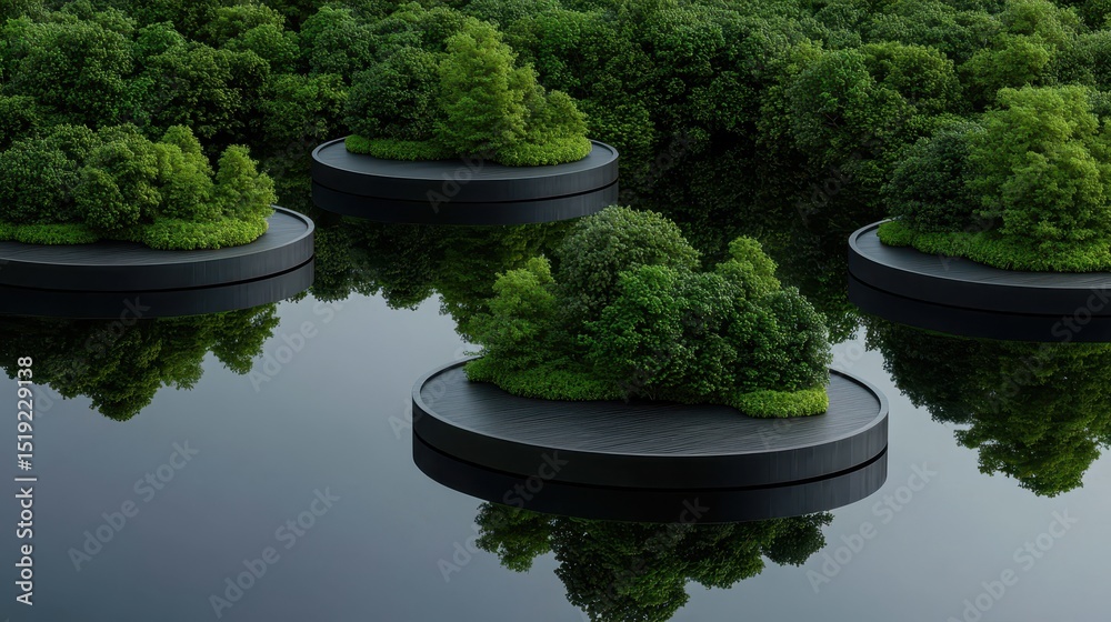 Poster Artificial islands with lush green trees float on calm, reflective water, surrounded by dense forest.