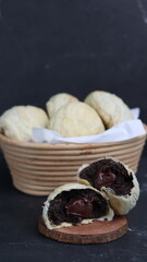 Chocolate pia bread with melted chocolate filling. in the photo with a white background