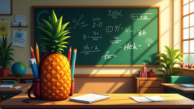 Creative pineapple school backpack with pencils and notepad in classroom for education concept - Powered by Adobe
