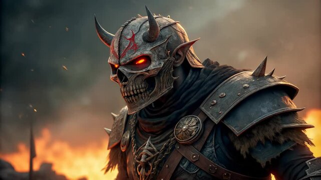 A fearsome demonic warrior clad in dark armor and a skull helmet stands amidst fiery ruins a powerful image ideal for fantasy games or dark fantasy artwork