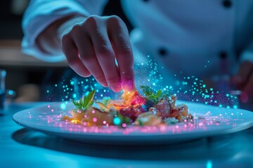 Fototapeta premium A chef is preparing a dish with a blue background