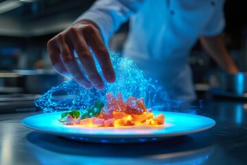 A chef is preparing a dish with a blue background