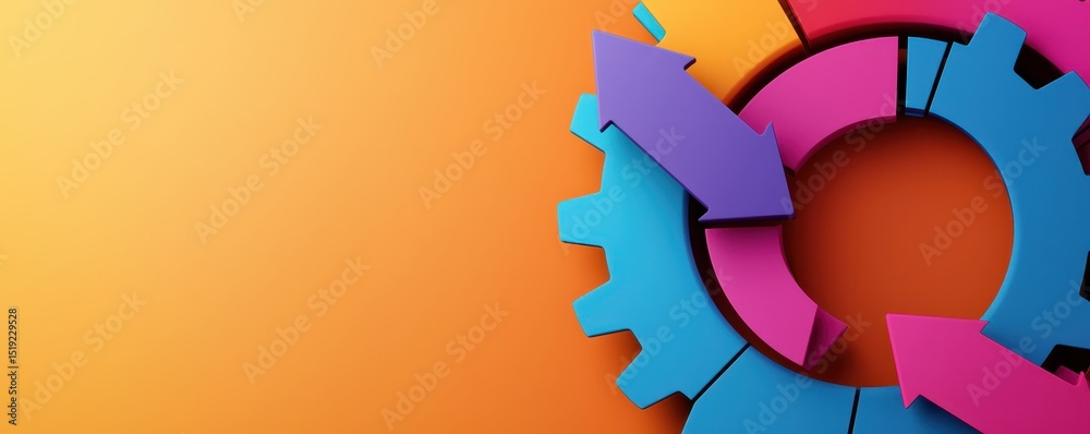 Aufkleber Colorful 3D arrows and gears form a circular process on an orange background, symbolizing workflow, teamwork, or business cycles.