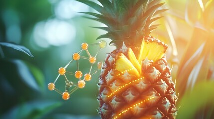 pineapple juice with digestive enzymes highlighted, including bromelain molecule and stomach graphics