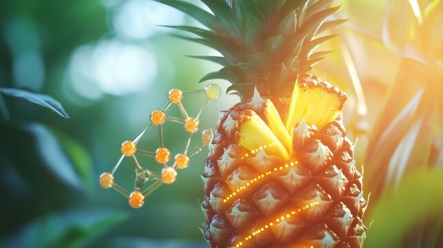 pineapple juice with digestive enzymes highlighted, including bromelain molecule and stomach graphics