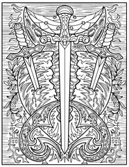 Fantasy engraved illustration with three swords, broken heart and decorated elements for coloring, tattoo, print, tarot cards. Vector line art graphic. Gothic, epic and vintage concept 