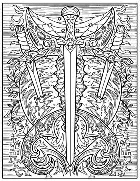Fantasy engraved illustration with three swords, broken heart and decorated elements for coloring, tattoo, print, tarot cards. Vector line art graphic. Gothic, epic and vintage concept 