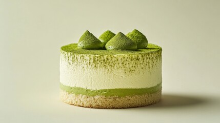 A delicate matcha mousse cake with green tea powder dusted on top placed on a solid cream background smooth surface and layered structure Japanese-inspired dessert