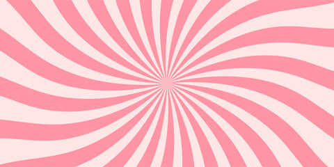Candy color sunburst background. Abstract pink cream sunbeams design wallpaper. Colorful spinning lines for template, banner, poster, flyer. Sweet rotating cartoon swirl or whirlpool. Vector backdrop