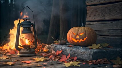 Halloween background Enchanting Autumnal Still Life featuring a Jack-o'-lantern glowing softly beside a vintage lantern and flickering candlelight amidst fallen leaves on rustic wood - Powered by Adobe