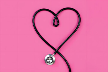Fototapeta premium Black stethoscope forming heart shape on pink background medical healthcare love