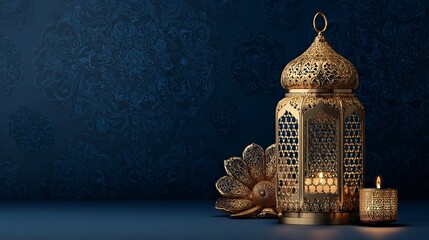 Ornate golden lantern and candle with intricate designs on a dark blue textured background display