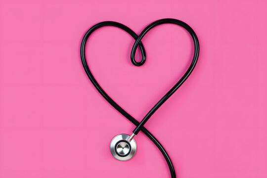 Black stethoscope forming heart shape on pink background medical healthcare love