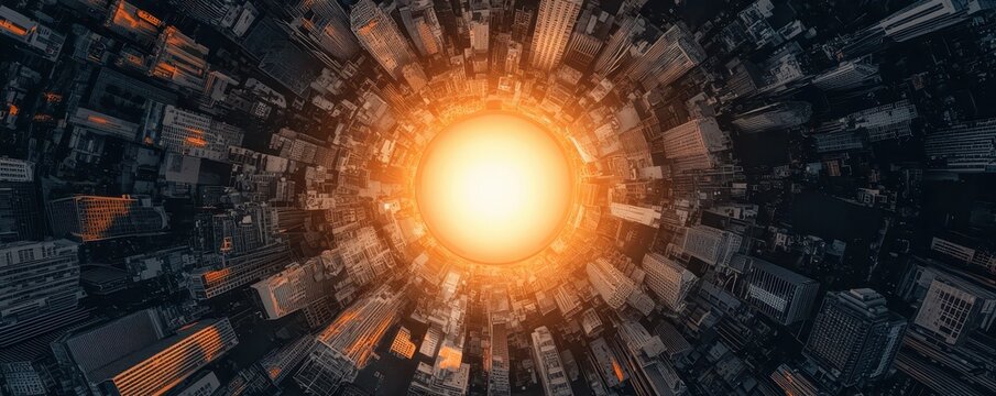 A glowing sun-like light radiates from the center of a futuristic cityscape viewed from above, creating a dramatic, sci-fi effect.