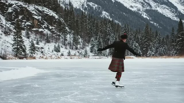 A person in a kilt ice skating on a frozen lake surrounded by snow-covered mountains and pine trees
